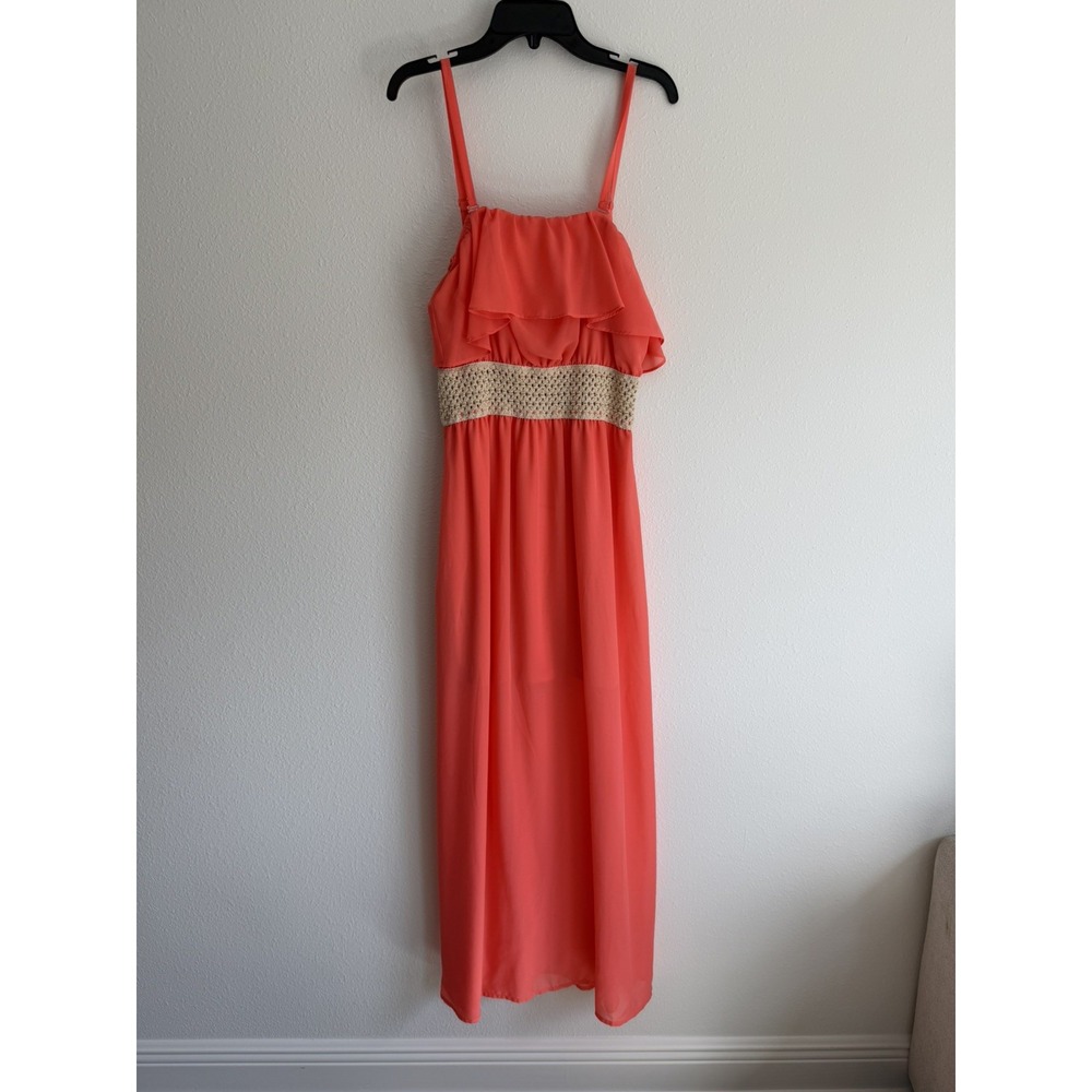 Charming Charlie Coral Chiffon Maxi Dress Scoop Neck Crochet Waist S